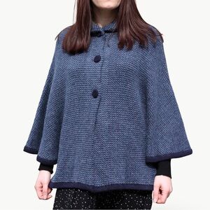 Vintage 80s Handmade Baby Alpaca Knit Cape Poncho Funnel Neck | Sz Medium | Blue